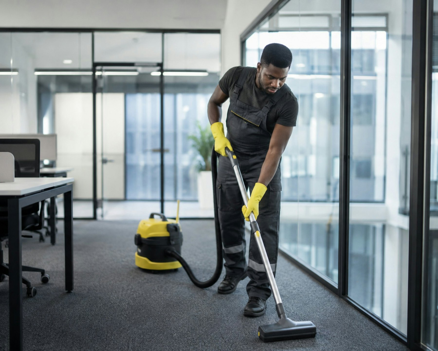 Agent d’entretien passant l’aspirateur dans des bureaux professionnels